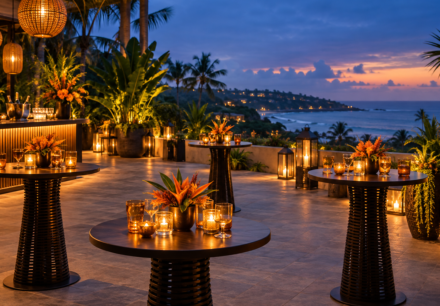 Event chairs and decorated tables arranged for an outdoor celebration in Sri Lanka.