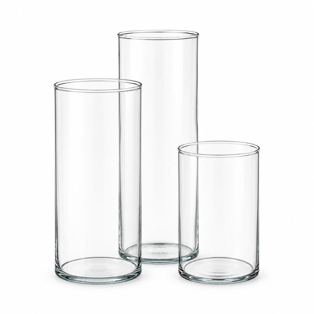 Small clear cylinder glass beaker on a white background