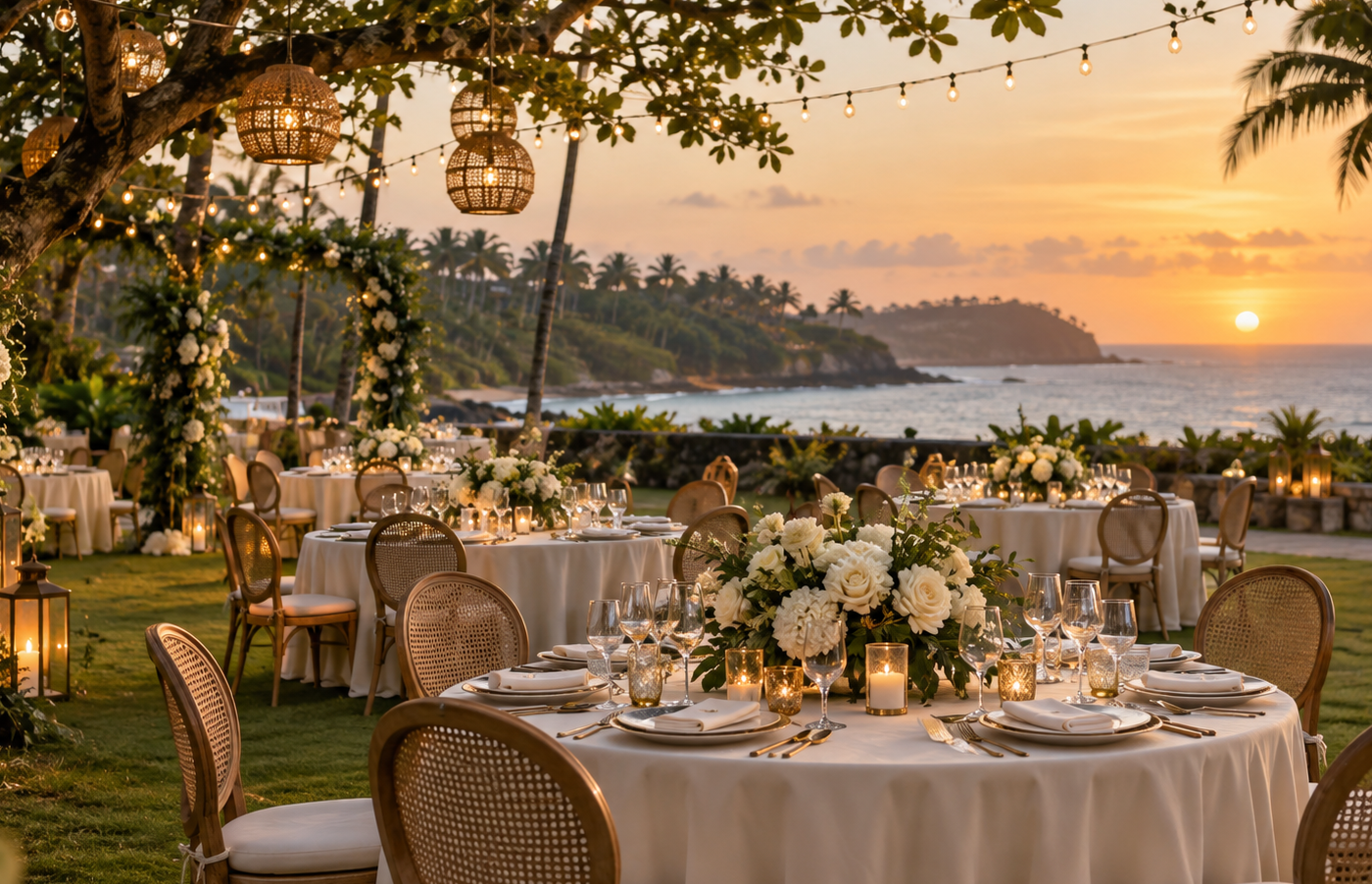 Elegant outdoor wedding table setup with candles and glassware in Sri Lanka.