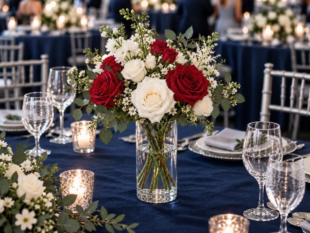 Medium clear glass beaker styled as a wedding table centrepiece