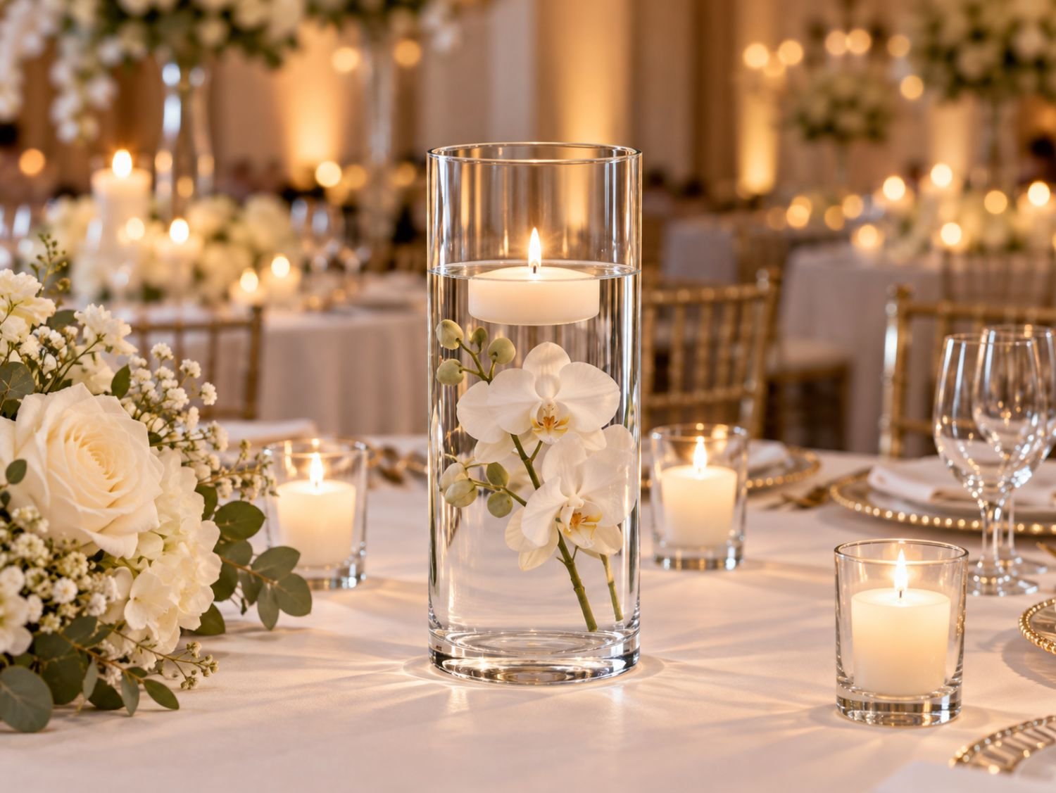 Medium clear cylinder glass beaker with floral arrangement